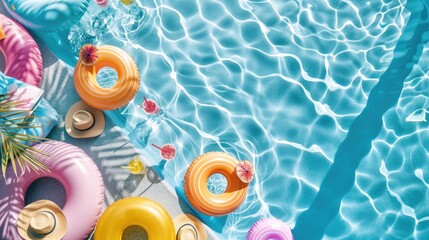 An aqua swimming pool with colorful floats and drinks, surrounded by greenery and azure skies. A relaxing leisure event with vibrant textile patterns and petal art AIG50