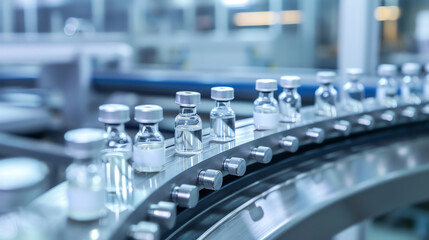Obraz premium Vials of vaccine traveling on a production line in a pharmaceutical facility during daytime