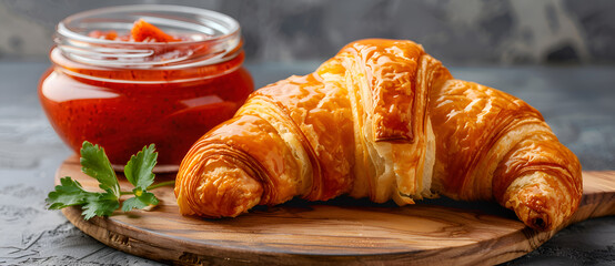 A croissant with jam on it sits on a wooden cutting board. The croissant is golden brown and has a slightly burnt edge. Generative AI
