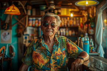 Obraz premium elderly asian man at a beach bar, sipping a refreshing cocktail, enjoying the ocean breeze