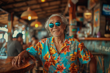 Obraz premium Elderly Asian man at a beach bar, indulging in local cuisine, restaurant.