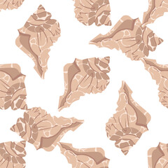 Vector pattern featuring whimsical cartoon seashells. Includes colorful doodle-style elements of tropical mollusk formations and marine life, perfect for underwater-themed designs.