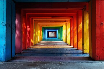 Striking geometric tunnel painted in a rainbow spectrum, inviting exploration and creativity