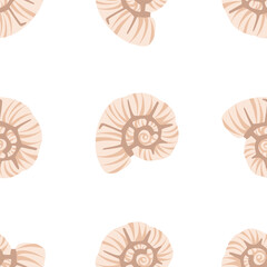 Vector pattern featuring whimsical cartoon seashells. Includes colorful doodle-style elements of tropical mollusk formations and marine life, perfect for underwater-themed designs.