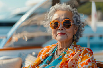 Elderly asian woman on a yacht, reveling in relaxation, sunny sail.