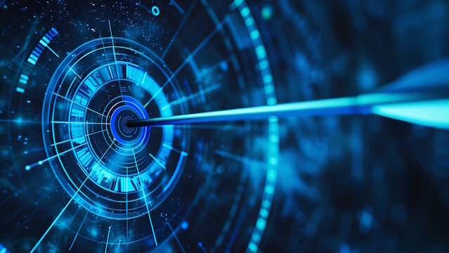 Blue arrow target. Successful Business Concept. Target hit by arrow in the middle, future technology. success, victory.
