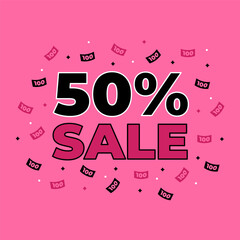 Sale discount 50 percent banner with banknote 100 on pink background with dots.Perfect for social media posts, flyers, or posters. Vector illustration for a half-price sale discount.