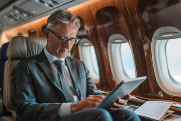 Senior adult businessman in suit using tablet in airplane during business trip. Shallow depth of field