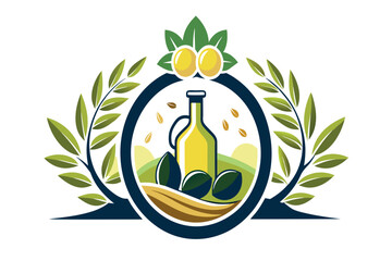 A bottle of olive oil is surrounded by leaves and a circle