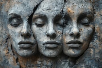 Artistic representation of three calm serene faces sculpted with textured details