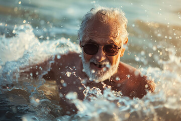 Elderly man swimming in the sea, embracing the joy of ocean splashing.