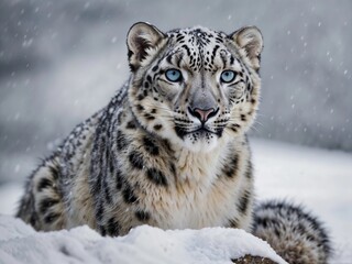 Obraz premium Snow leopard in the snow ridden frozen Himalayan region