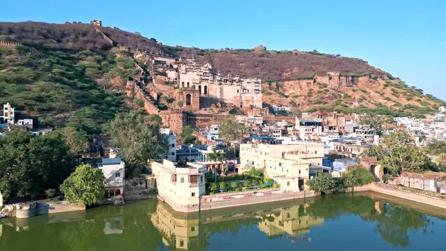 Bundi city, Taragarh Fort from drone, India from the air
