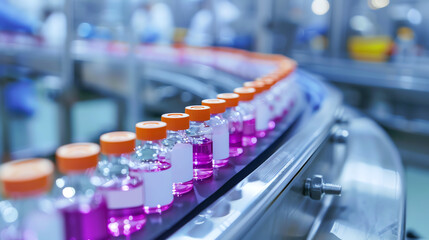 Vials of purple liquid on a conveyor belt in a pharmaceutical manufacturing facility during production hours