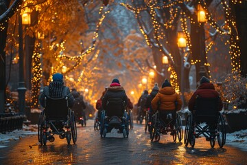 A heartwarming image capturing wheelchair users enjoying a beautifully decorated snowy park with festive lights