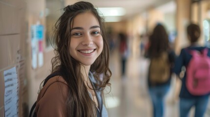 A girl is smiling and standing in a hallway with other people