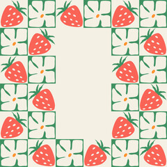 Colorful retro style square frame of strawberries and flowers . Vintage style hippie clipart element design collection. Hand drawn nature collage, spring blank template with flowers and strawberries.