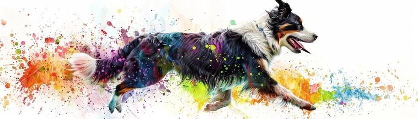 Bring out the playful spirit and energy of a joyful border collie in a vibrant watercolor illustration, showcasing its fluffy fur and wagging tail with dynamic splashes of color blending seamlessly