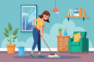 A woman is cleaning a room with a mop