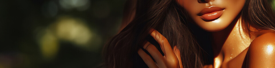 Obraz premium Close-up woman, sunlit face, green glow,