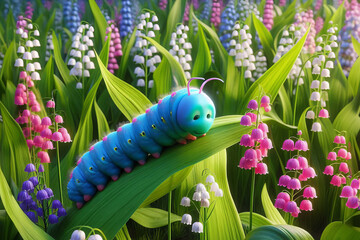 Blue and pink caterpillar resting on lush lilies of the valley in a green field. 