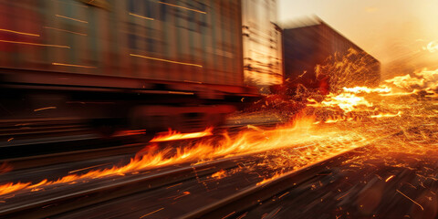 Fiery locomotive emitting smoke and flames from the front in a dramatic and dangerous railway scene