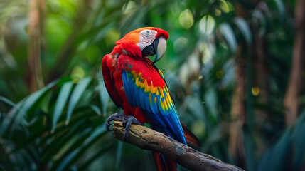 Fototapeta premium In a tropical paradise, a scarlet macaw perches on a branch