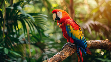 In a tropical paradise, a scarlet macaw perches on a branch