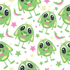 seamless pattern with fictional green monster with big eyes and long ears and colorful stars, for banners, posters or children's textiles