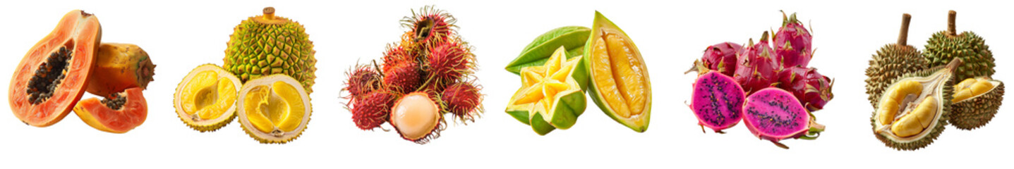 Exotic fruits set arranged artistically, showcasing unique textures and vibrant colors, ideal for nutritional content, on transparent background