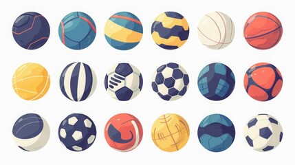 Collection of round and oval balls for different sports and recreational activities vector flat illustration Set of various equipment for sport games isolated on white background