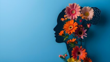 Mental health awareness concept Womans head cutout with flowers on blue . Concept Mental Health Awareness, Women's Health, Floral Decor, Blue Background, Symbolic Representation
