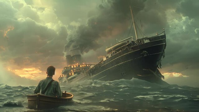 A man in a boat is trying to escape a sinking ship. The scene is dark and ominous, with smoke and flames in the background