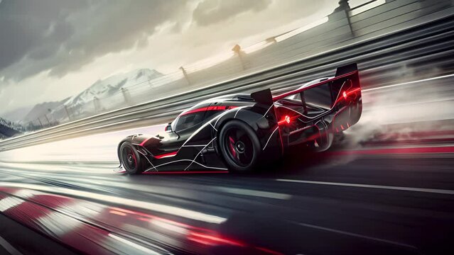 A black and red sports car is speeding down a track. The car is surrounded by a blurry background, which gives the impression of motion and speed. Concept of excitement and adrenaline