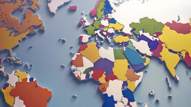 A colorful world map with the continents of Africa, Europe, and Asia. The map is made of different colored pieces and is cut out