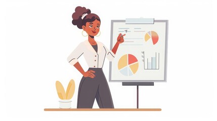 Female speaker pointing at presentation on white board during business seminar Office worker showing report at whiteboard with pointer Isolated flat graphic vector illustration of woman at flipchart