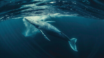 Fototapeta premium A blue whale surfacing gracefully from the depths of the ocean