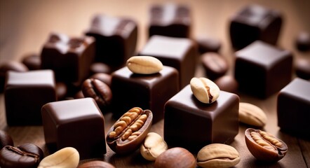Dark chocolate cubes, coffee beans, peanuts and raisins on wooden table, close-up, selective focus