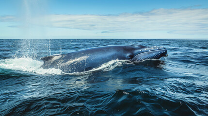 Naklejka premium A blue whale surfacing gracefully from the depths of the ocean