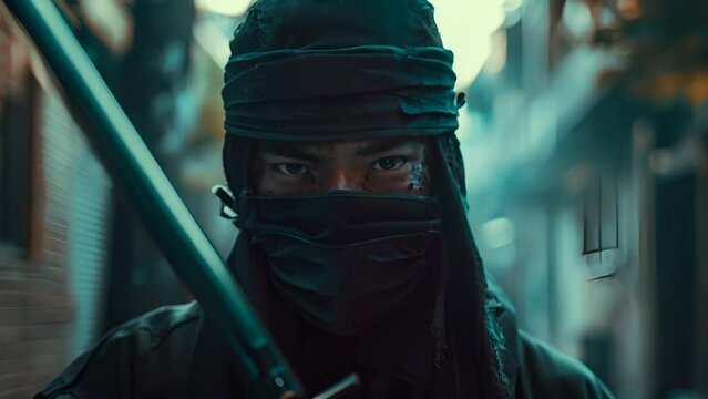 Ninja with a sword, mouth covered by a surgical mask, poised in a shadowy alley