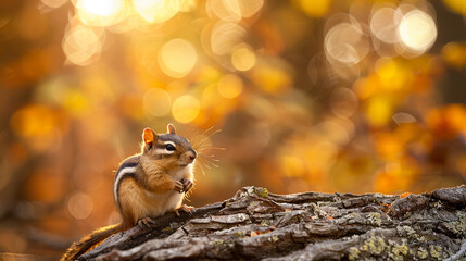 Obraz premium A chipmunk perched on a weathered log, its cheeks bulging with foraged treasures