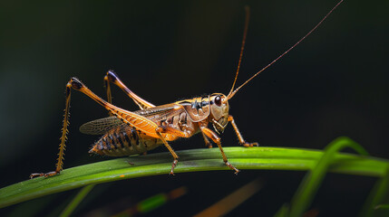 Fototapeta premium A cricket perched on a blade of grass, its antennae quivering as it serenades the night with its rhythmic chirping