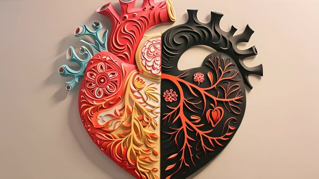 A heart with two different colored sections. The red section is the left side of the heart and the black section is the right side