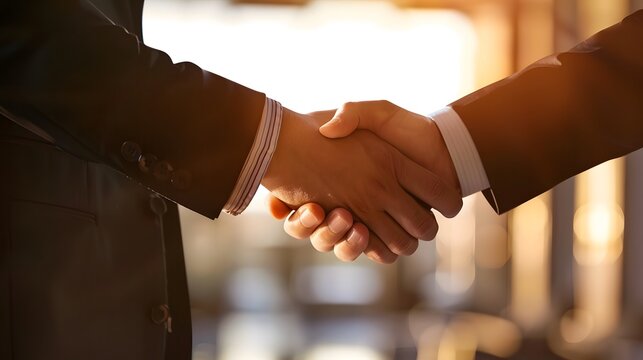 Sealing a deal with a firm handshake at golden hour