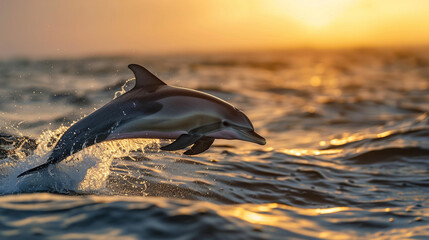 A dolphin gracefully leaping out of the ocean, its sleek body arcing against the backdrop of a...
