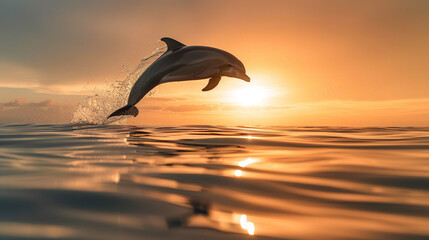 A dolphin gracefully leaping out of the ocean, its sleek body arcing against the backdrop of a brilliant sunset
