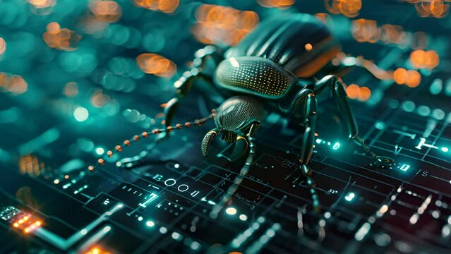Digital rendering of a beetle crawling across a computer circuit, symbolizing a software bug in a high-tech environment