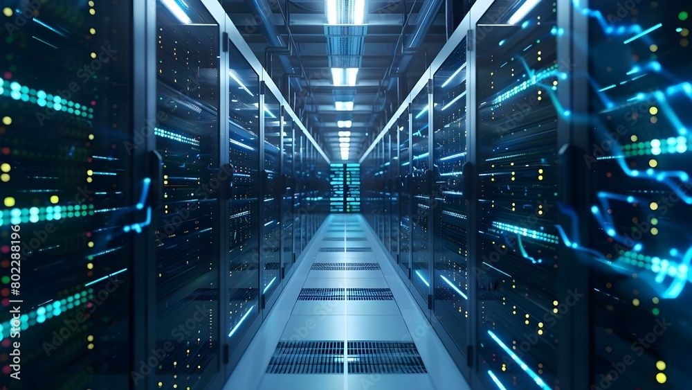 Aufkleber efficient data processing with fiber optic servers in a technology data center. concept technology d