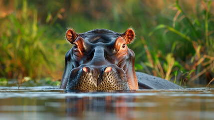A hippopotamus submerged in a river, only its eyes and nostrils breaking the surface