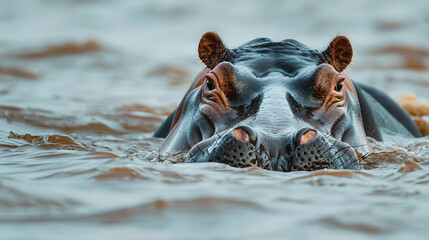 A hippopotamus submerged in a river, only its eyes and nostrils breaking the surface - obrazy, fototapety, plakaty